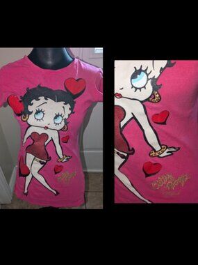 BETTY BOOP Fitted Hot Pink Womens Top Shirt Sparkly W/ Gems Sz L